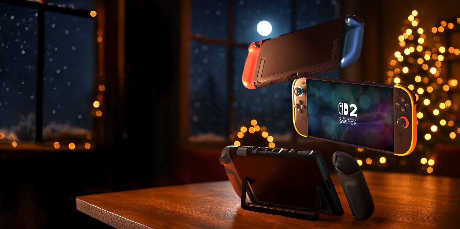 Showing the front and back view of the Nintendo Switch 2 with a Christmas tree blurred out in the background