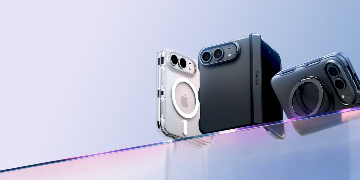 Three Spigen iPhone cases displayed side by side: a clear case with MagSafe ring, black protective case, and a black case with camera control ring
