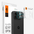 AGL09664 - Pixel 10 Pro Fold Optik EZ Fit Lens Protector showing the installation tray hovering in front of the lens protector and the device, behind it, is the packaging