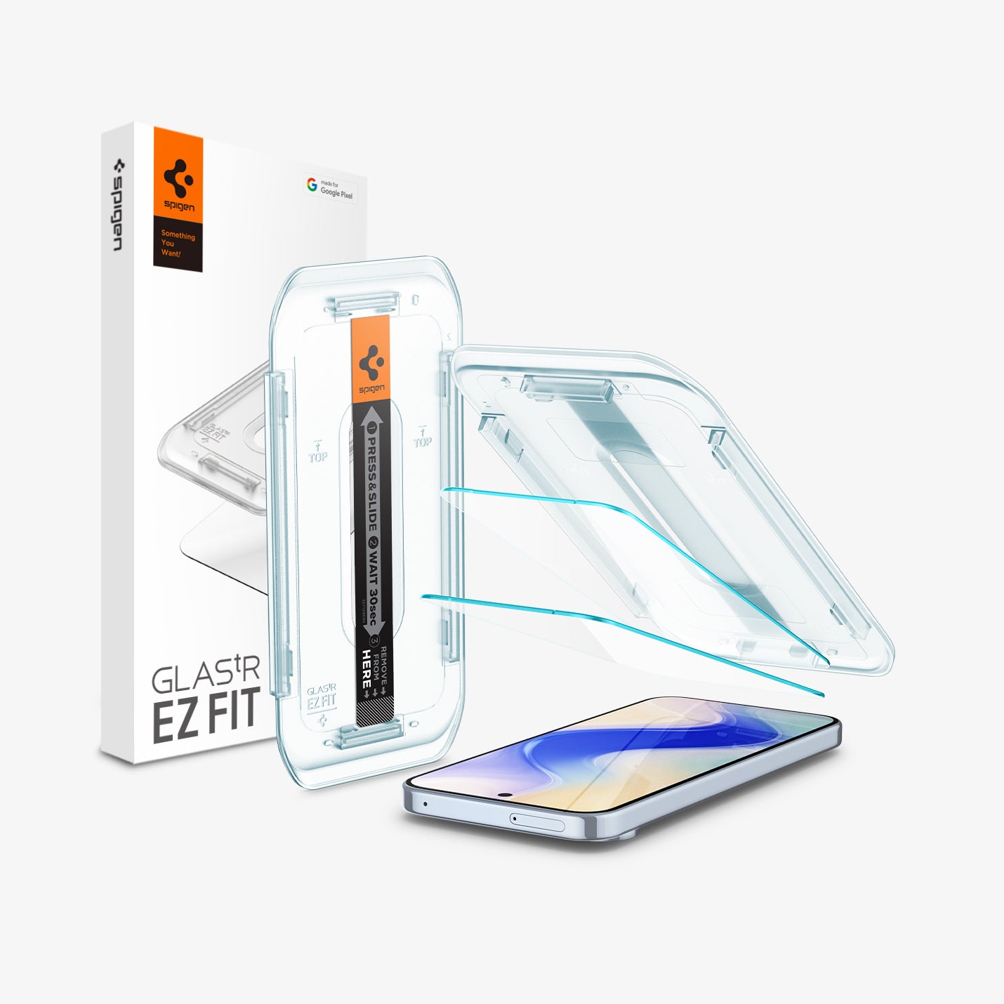 AGL08445 - Pixel 10 Pro XL GLAS.tR EZ Fit Screen Protector showing the device, screen protector, ez fit tray and packaging