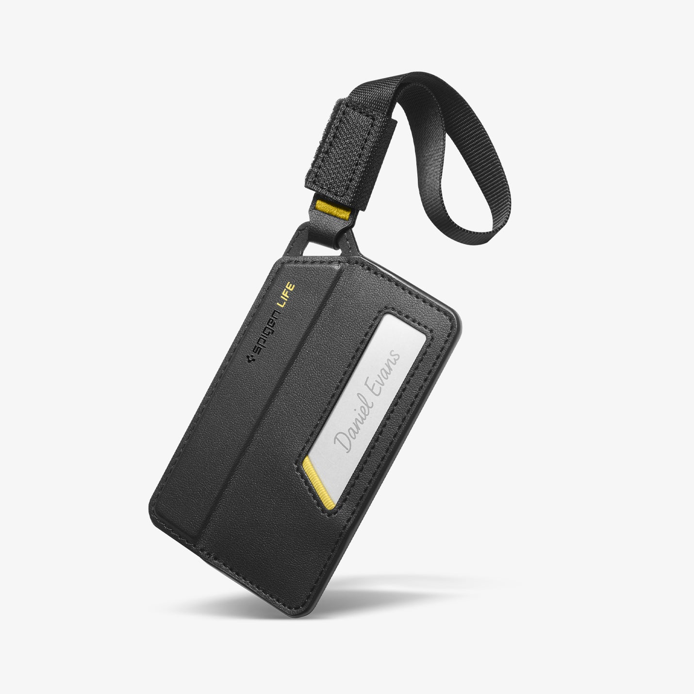 AHP09776 - luggage tag in black showing front of the tag with strap.