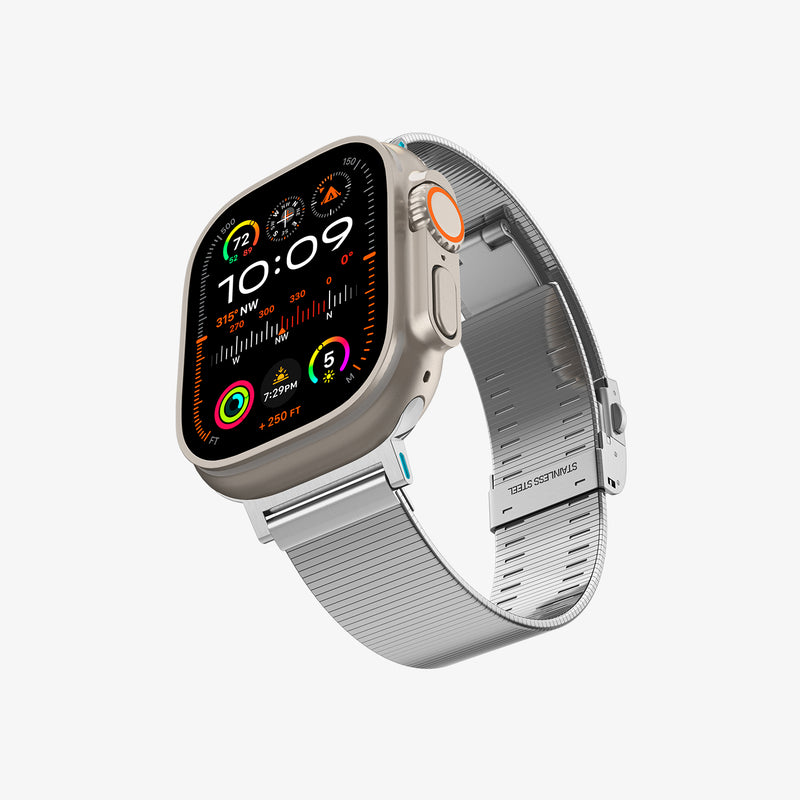 AMP07224 - Apple Watch (49mm) Sleek Link in Silver showing the front face of the watch, partial sides and partial inner strap