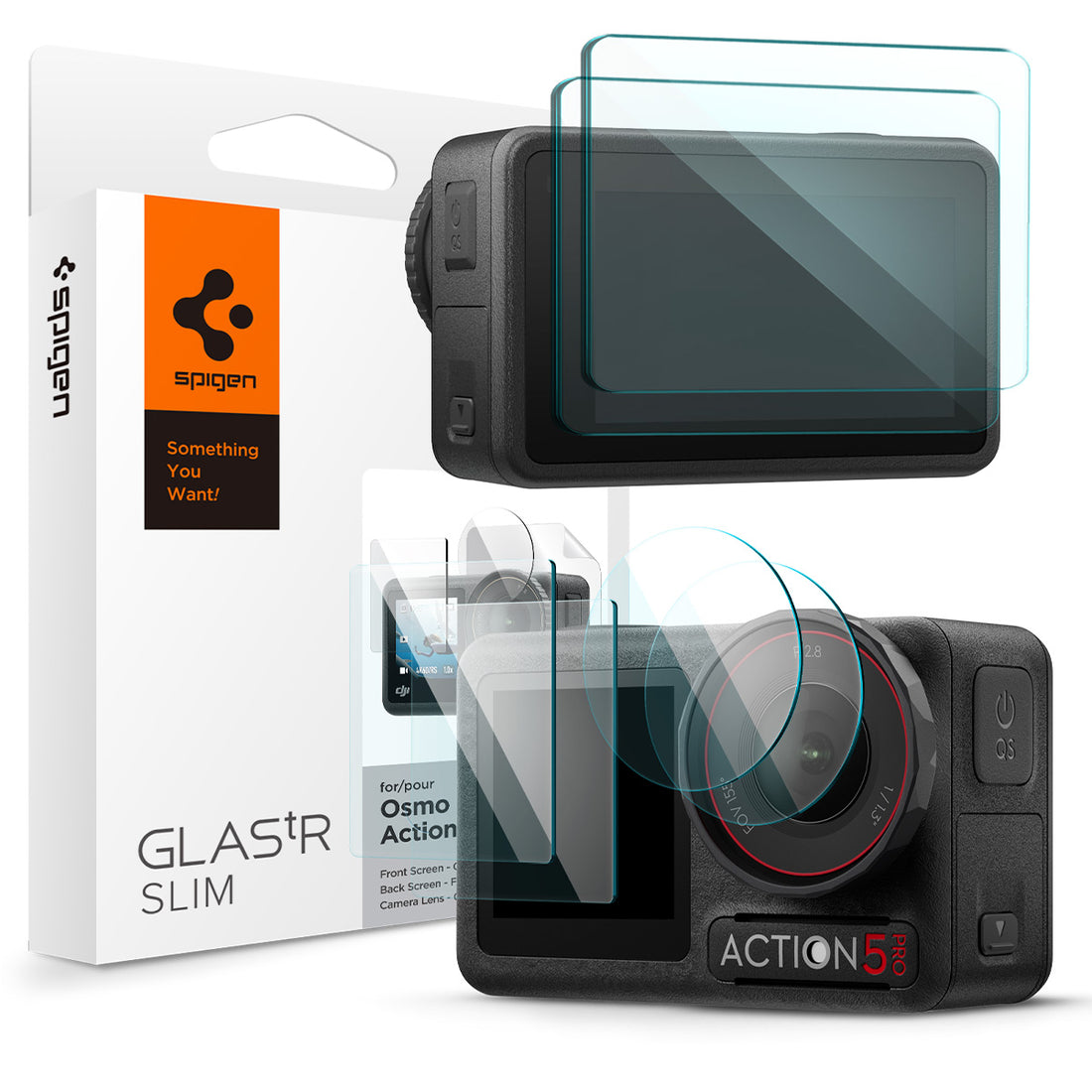 AGL09234 - DJI Osmo Action 5 Glas.tR SLIM in Clear showing the front screen, lens camera screen and the back screen protector hovering in front of the device with the packaging at the side