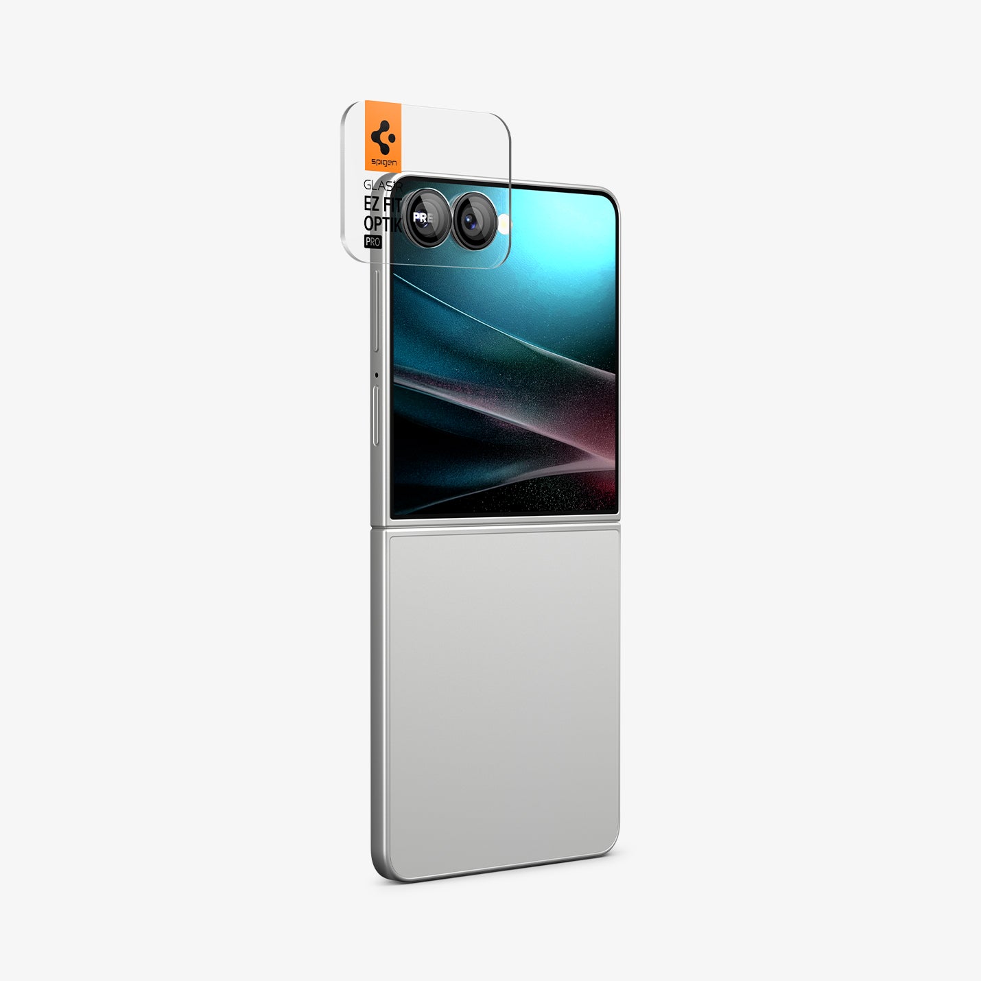 AGL09584 - Galaxy Z Flip 7 Optik Pro EZ Fit Lens Protector in black showing the back and partial side with ez fit tray installed