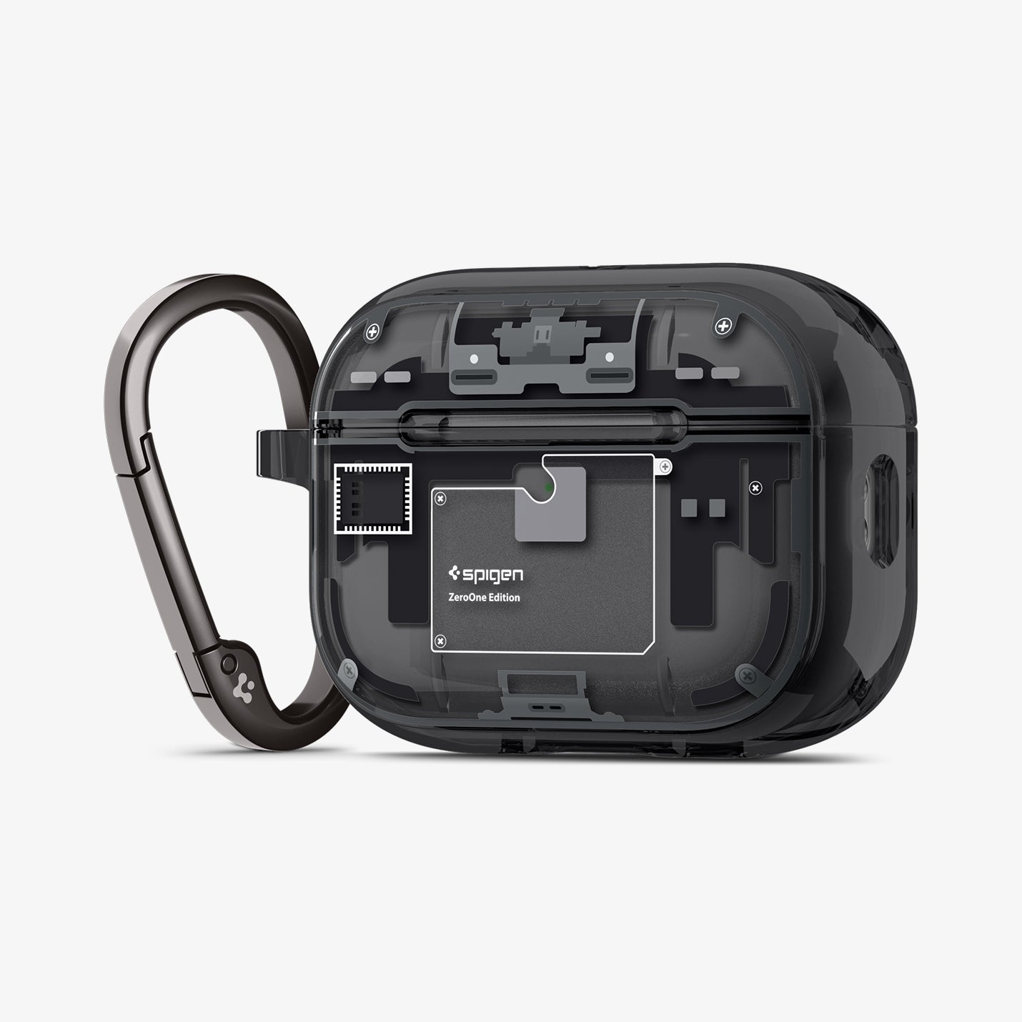 ACS09823 - AirPods Pro 3 Series Ultra Hybrid Zero One (MagFit) in Zero One Black showing the front and side with carabiner