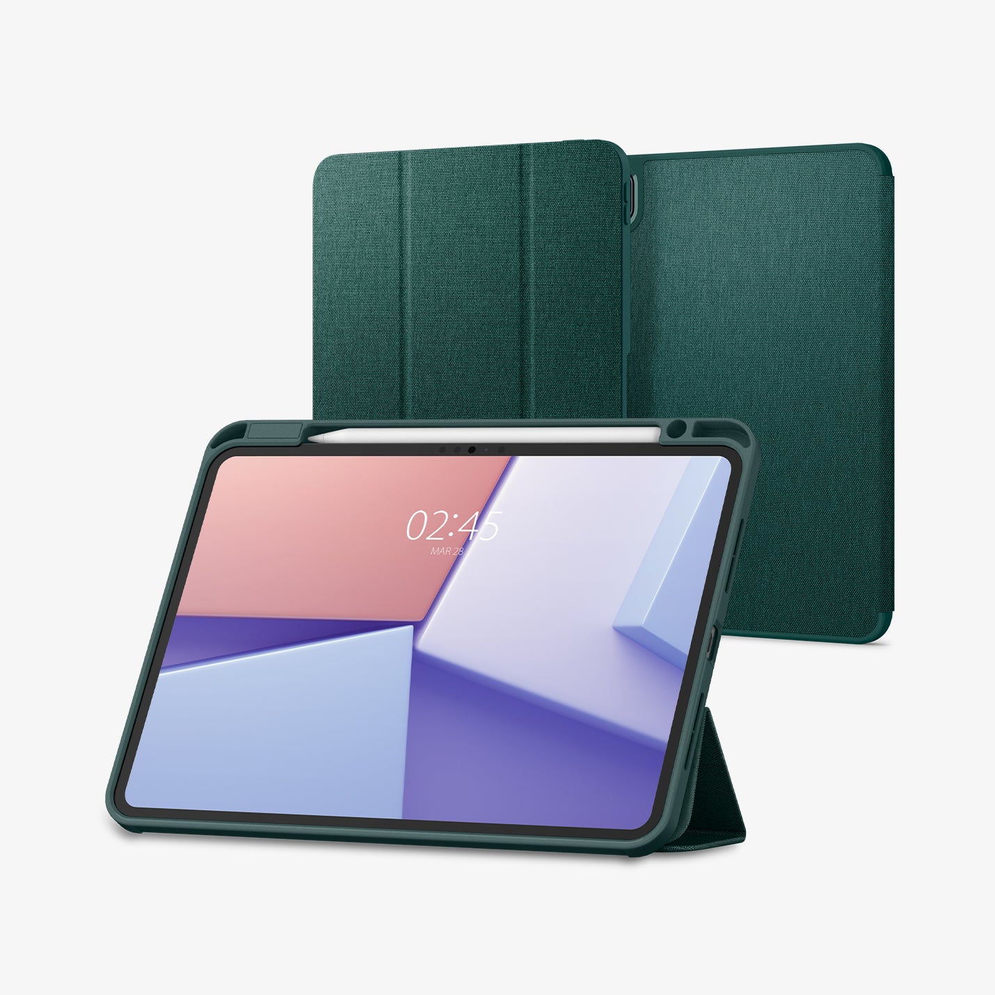 ACS07759 - iPad Pro 11-inch (2024) Case Urban Fit in Midnight Green showing the front with stylus pen and front cover folded, propped up behind to serve as a stand and behind, 2 device showing front and back