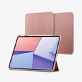 ACS07011 - iPad Pro 12.9-inch Case Urban Fit in Rose Gold showing the front with stylus pen and front cover folded, propped up behind to serve as a stand and behind, 2 device showing front and back