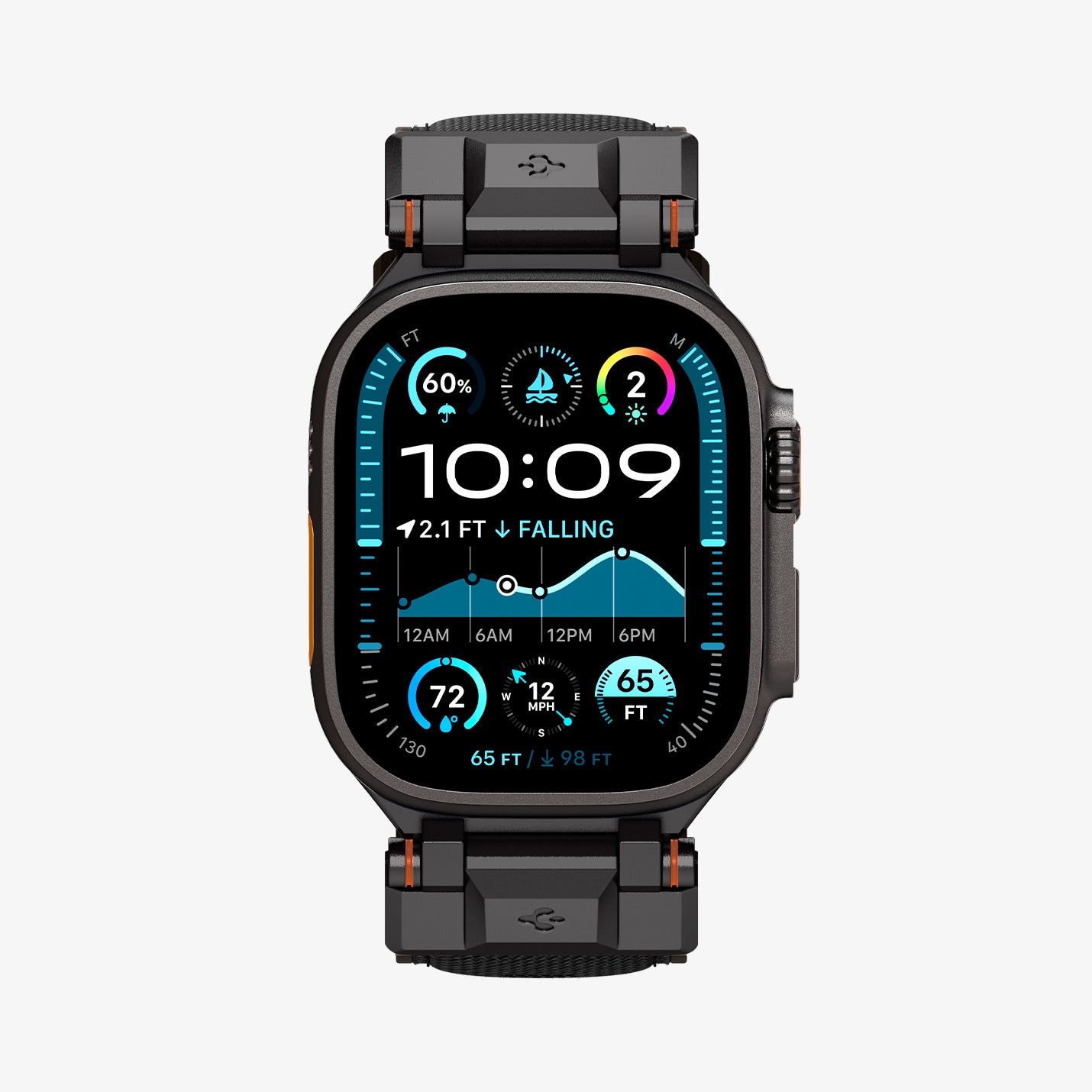 AMP09229 - Apple Watch Ultra (49mm) DuraPro Armor in Black Edition showing the front of watch face and sides