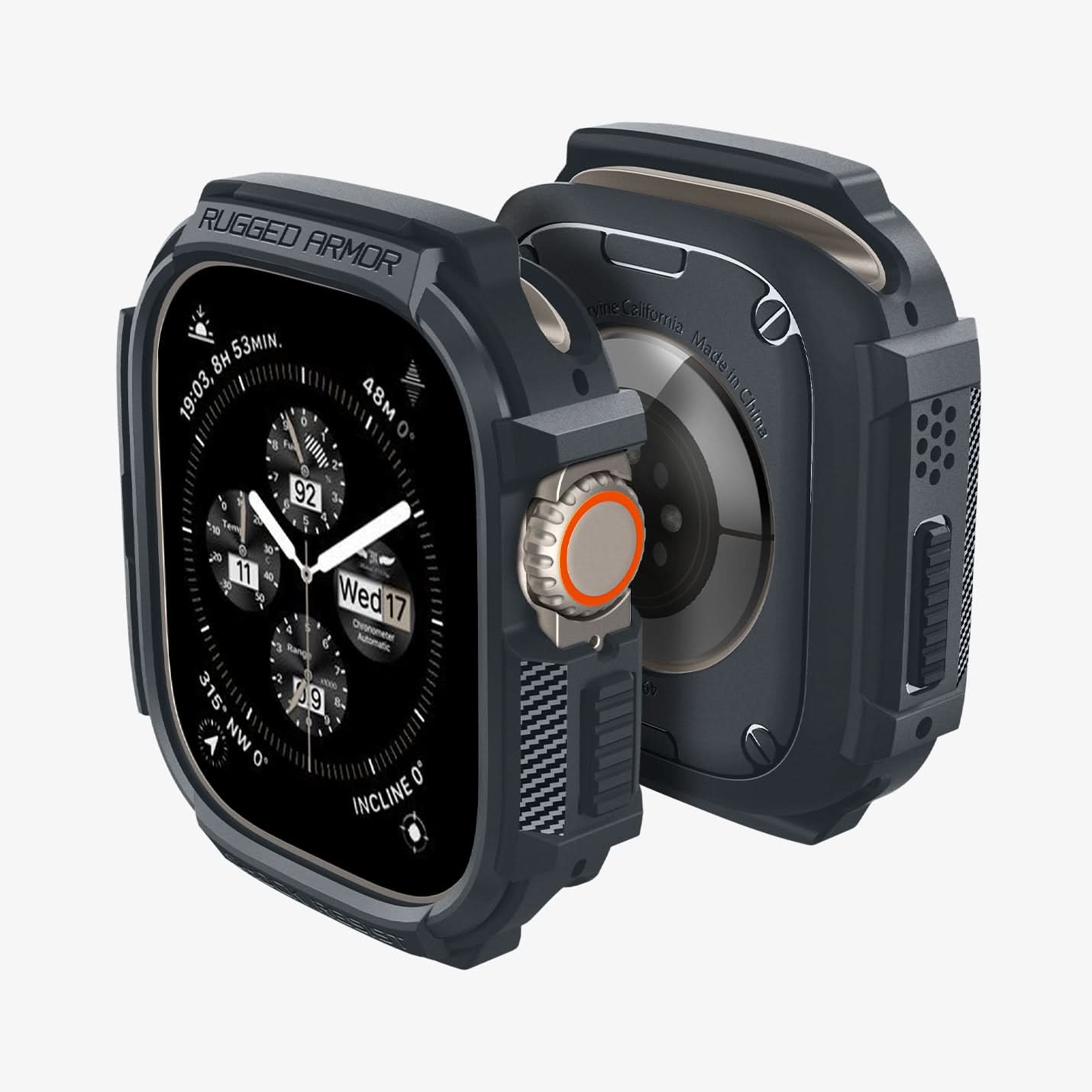 ACS07385 - Apple Watch (49mm) Rugged Armor in Dark Gray showing the front face, back and partial sides of 2 watches facing each others back