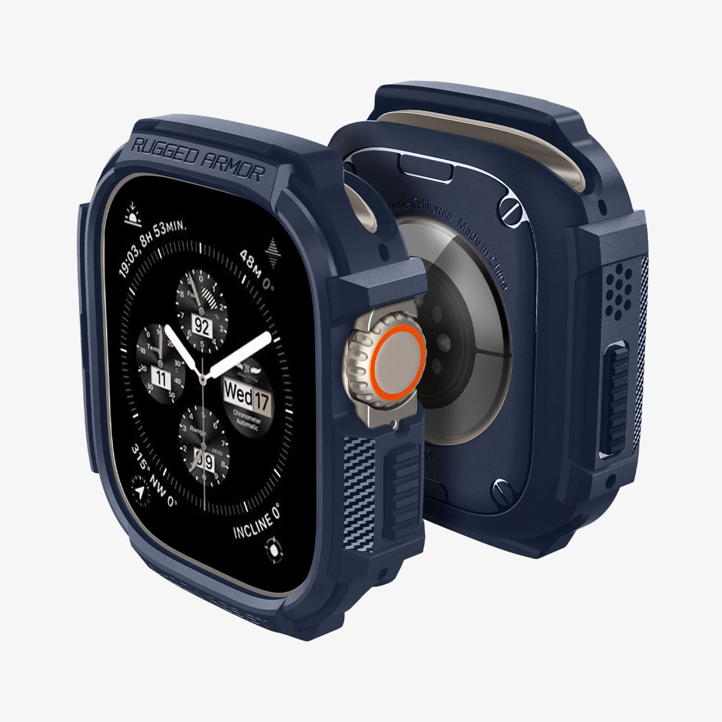 ACS07382 - Apple Watch (49mm) Rugged Armor in Navy Blue showing the front face, back and partial sides of 2 watches facing each others back