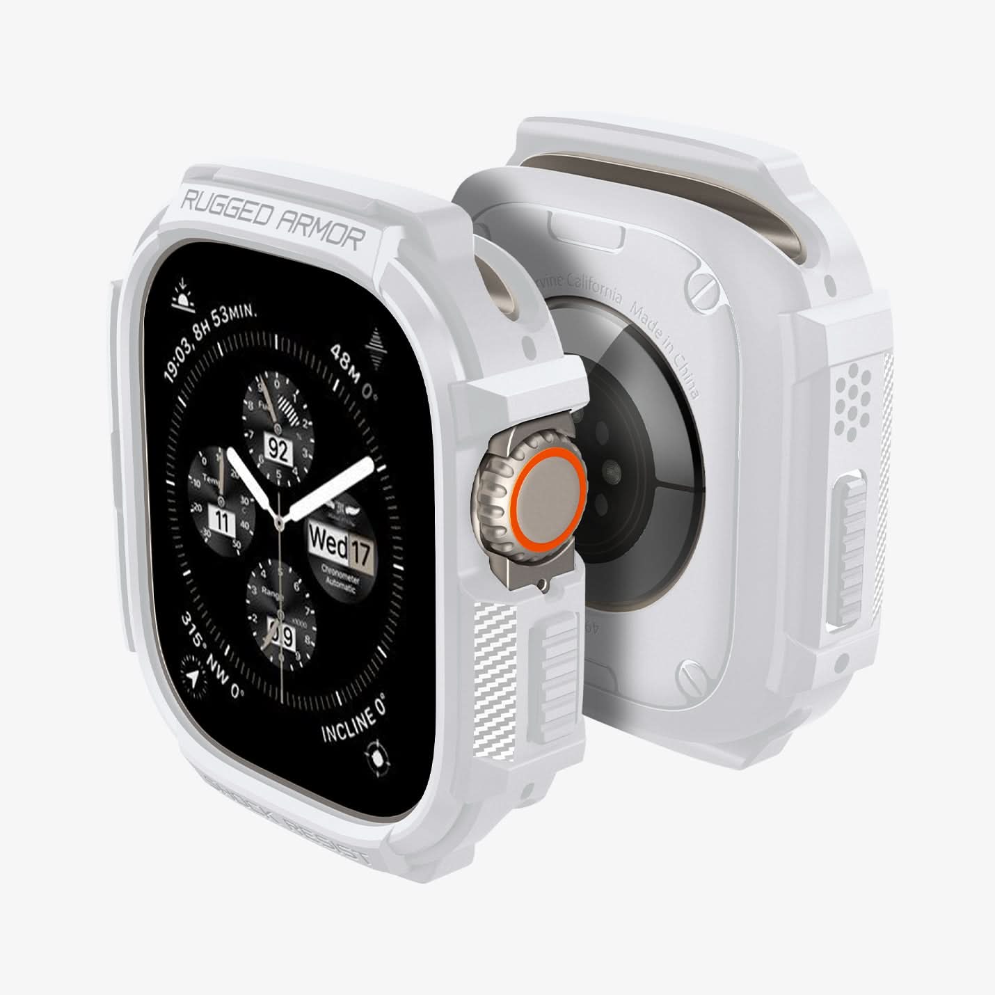 ACS07384 - Apple Watch (49mm) Rugged Armor in White showing the front face, back and partial sides of 2 watches facing each others back