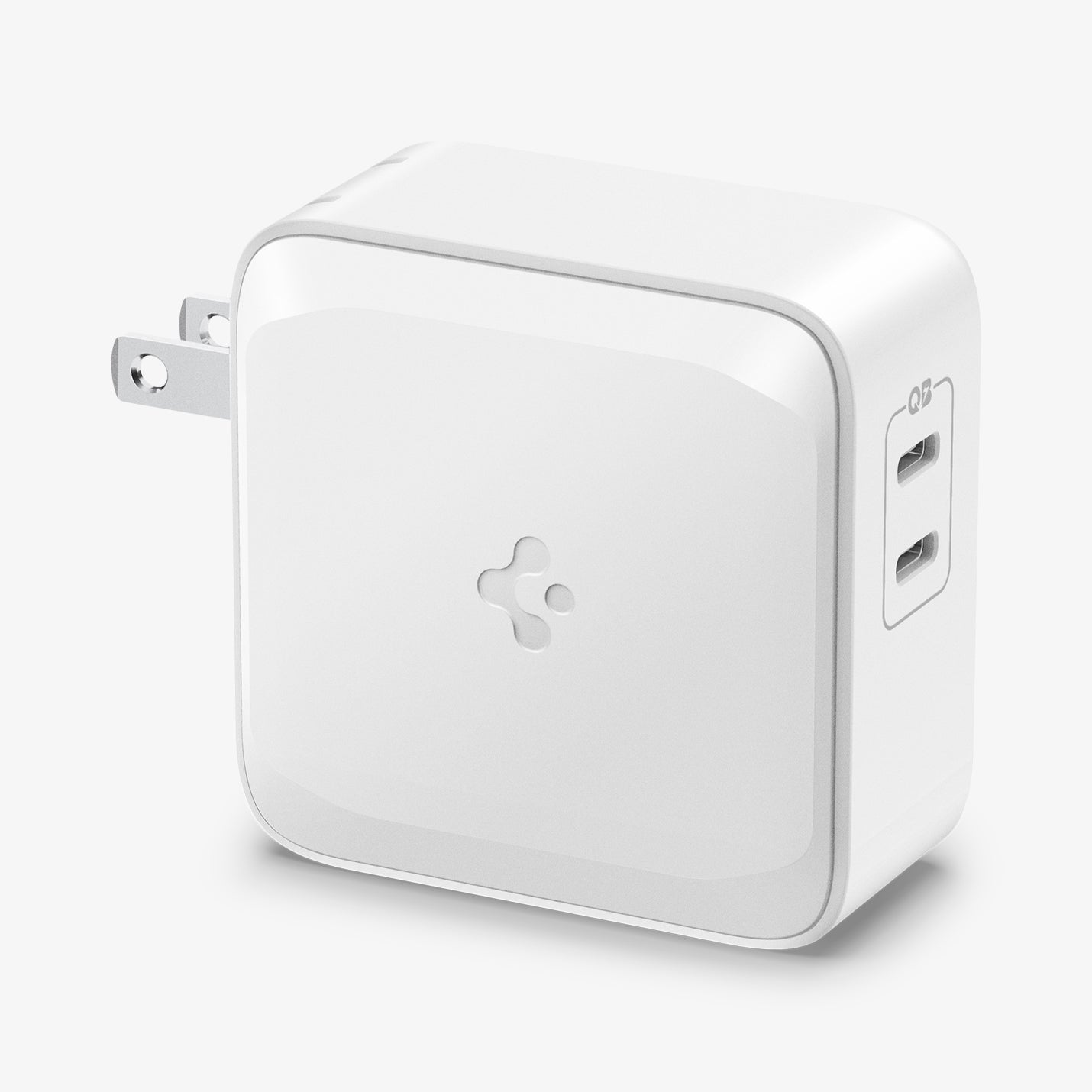 ACH02081 - ArcStation™ Pro GaN 70W Dual Port Wall Charger PE2007 in White showing the side with the spigen logo and partial top and sides of a charger