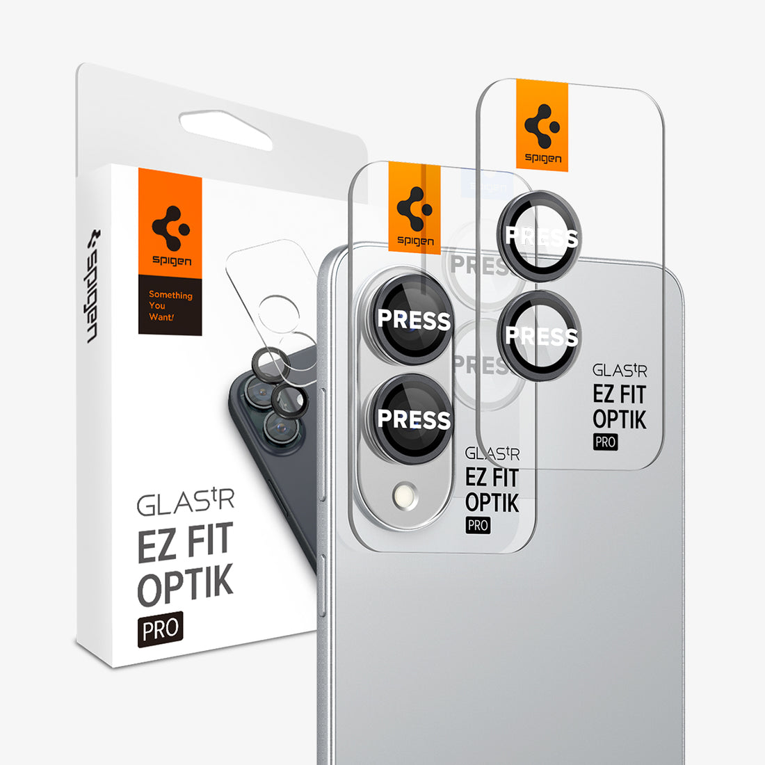 AGL09412 - Galaxy S25 Edge Optik EZ Fit Lens Pro Protector in Black showing the 2 lens screen protector hovering in front of the device camera and the packaging