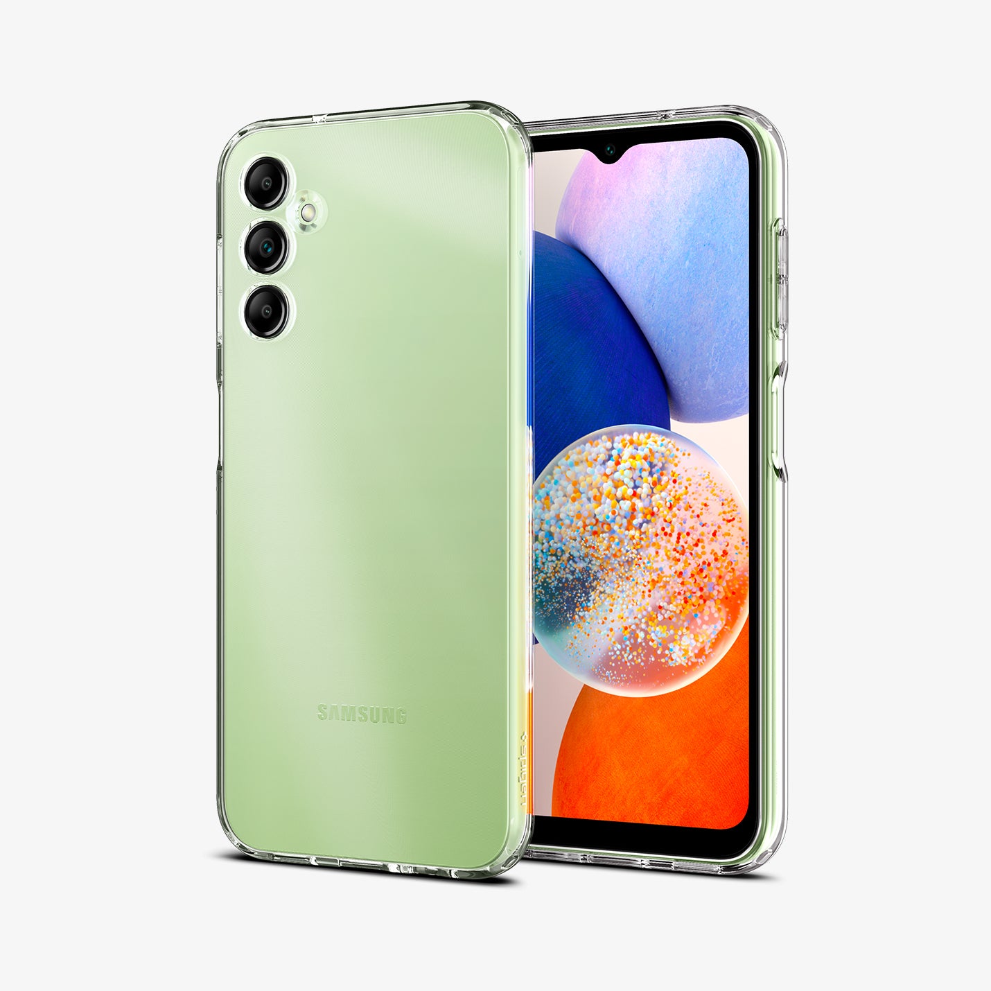 ACS05849 - Galaxy A14 5G (NA) Case Liquid Crystal in Crystal Clear showing the back, next to it is a device showing front