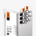 AGL07614 - Galaxy S24 Optik Pro EZ Fit Lens Protector in Marble Gray showing the camera lens protector hovering above another lens protector tray and device showing back, behind it, is the packaging