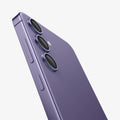 AGL07443 - Galaxy S24 Optik Pro EZ Fit Lens Protector in Violet showing the partial side of the camera lens protector, partial side and partial back of the device, half bodied, zoomed in