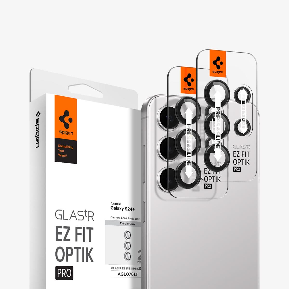 AGL07613 - Galaxy S24 Plus Optik Pro EZ Fit Lens Protector in Marble Gray showing the camera lens protector hovering above another lens protector tray and device showing back, behind it, is the packaging