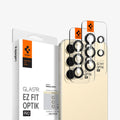 AGL07436 - Galaxy S24 Plus Optik Pro EZ Fit Lens Protector in Yellow showing the camera lens protector hovering above another lens protector tray and device showing back, behind it, is the packaging