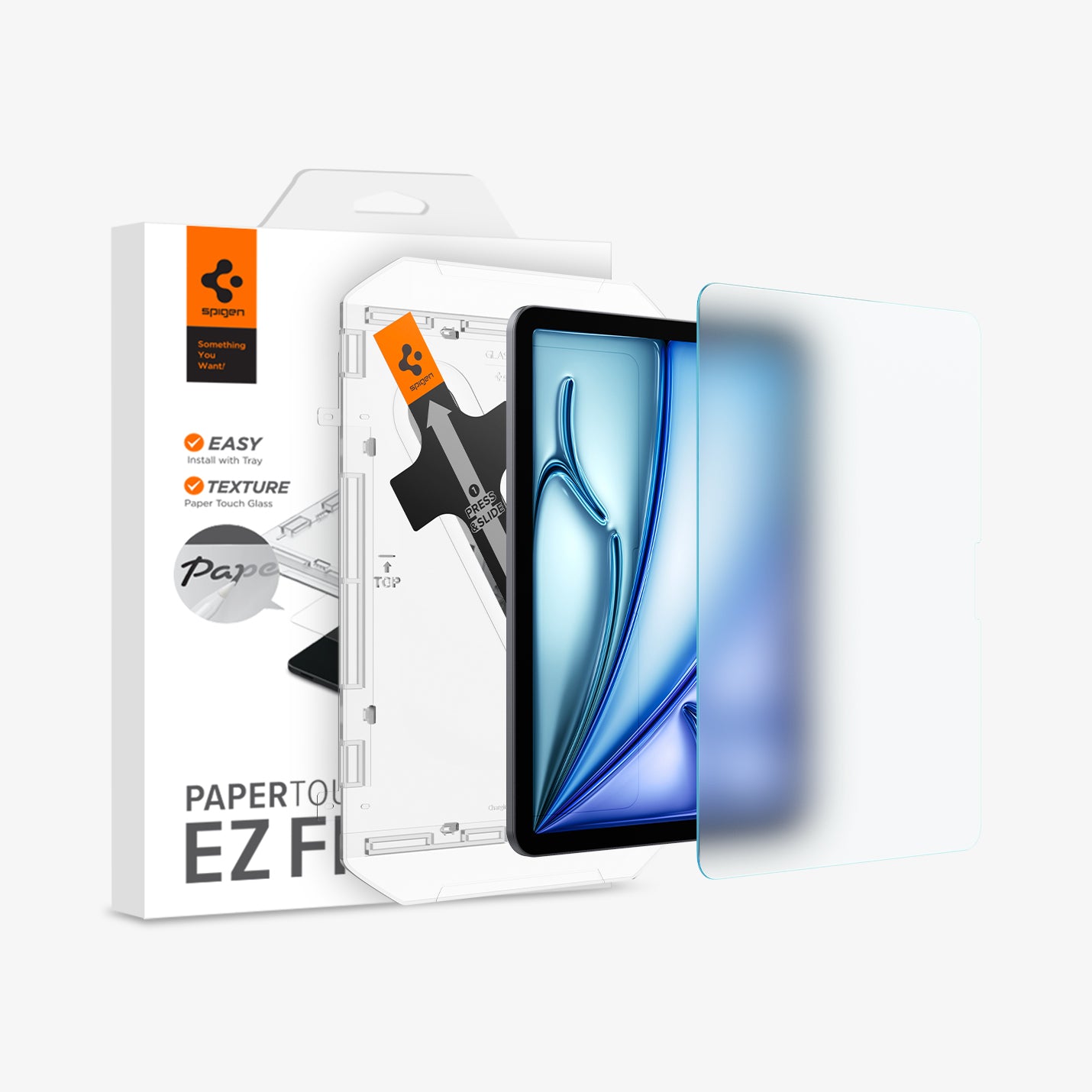 AGL07799 - iPad Air 10.9-inch Paper Touch EZ Fit in Clear showing the screen protector hovering in front of the device, ez fit tray and packaging