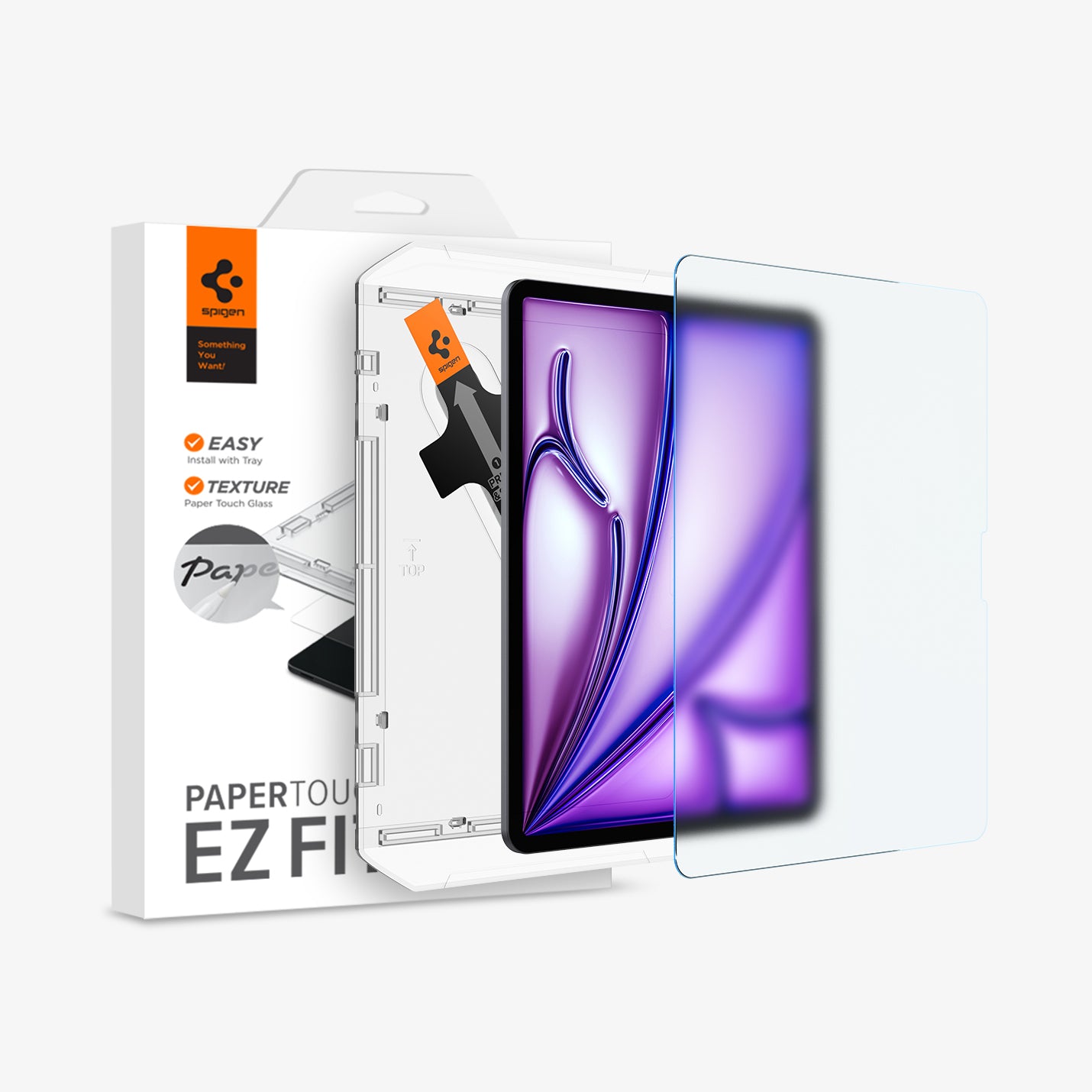 AGL07804 - iPad Air 12.9-inch Paper Touch EZ Fit in Clear showing the screen protector hovering in front of the device, ez fit tray and packaging
