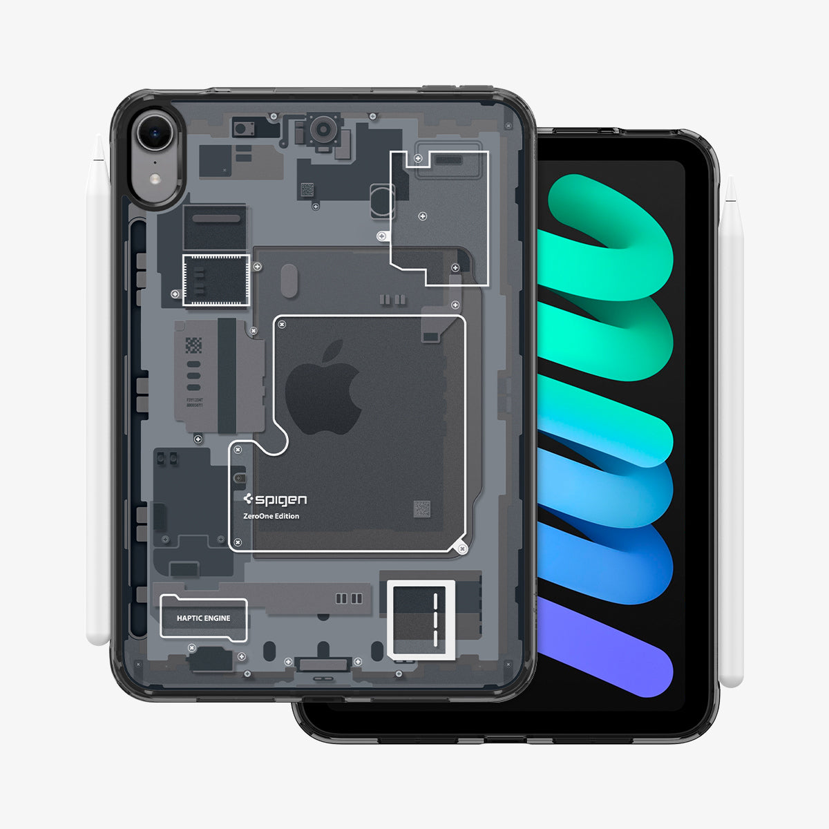 ACS09162 - iPad Mini 7 Case Ultra Hybrid Zero One showing the back, partial front with Apple Pencil attached