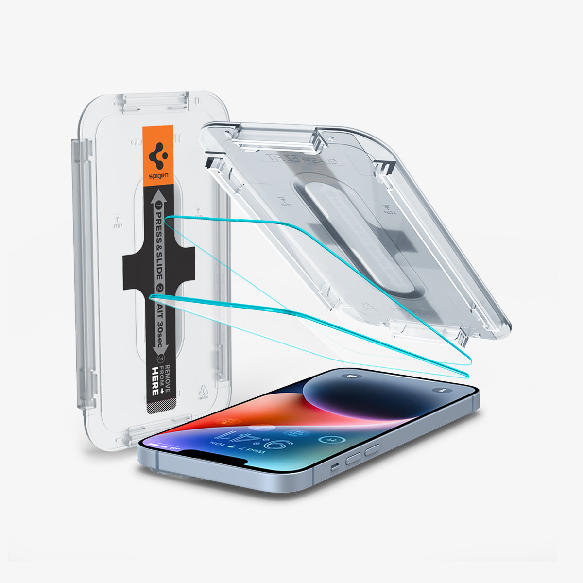 AGL03376 - iPhone 14 Plus Screen Protector EZ FIT GLAS.tR (Sensor Protection) showing the device, two screen protectors, and ez fit tray