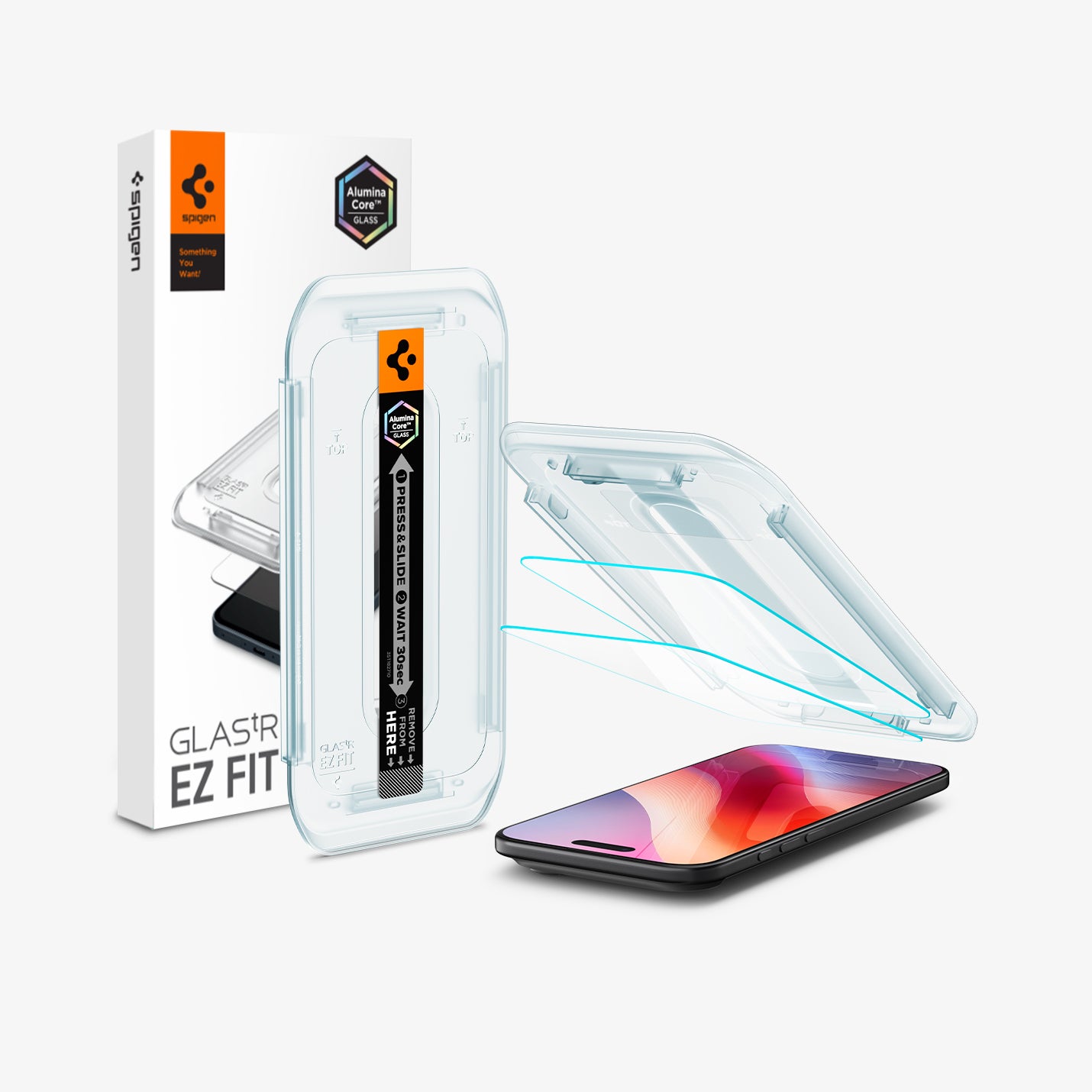 AGL09861 - iPhone 17 Air GLAS.tR EZ Fit | Sensor Protected showing the installation tray hovering above the 2 screen protector and the device, beside it is another installation tray with case