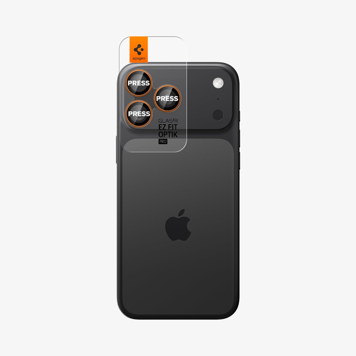 AGL10123 - iPhone 17 Pro Max Optik Pro EZ Fit Lens Protector in orange showing the back with ez fit tray installed on lens