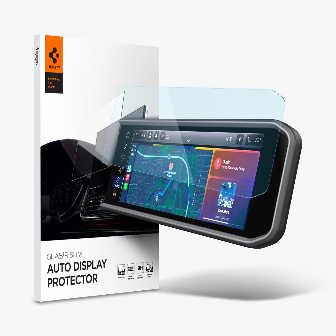 AGL07279 - Jeep Wrangler Screen Protector GLAS.tR SLIM showing the touch screen display, screen protector and packaging