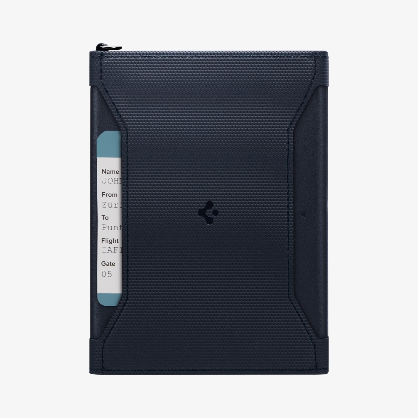 AFA08721 - Passport Holder in Navy Blue showing the front with plane ticket slightly sticking out of slot
