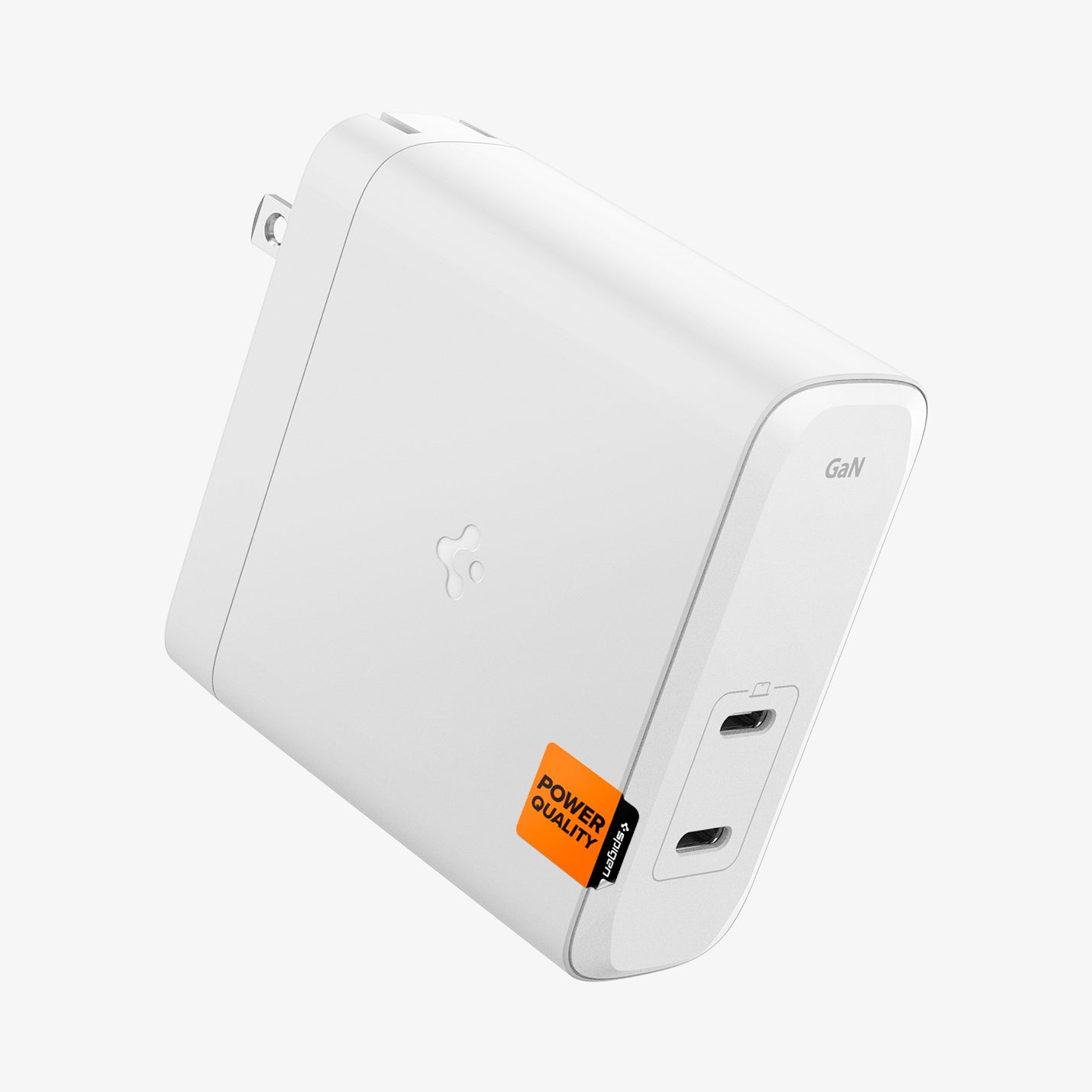 ACH04621 - ArcStation™ Pro GaN 1402 Dual Port Wall Charger PE2109 in White showing the sides and top of a wall charger with a power quality spigen sticker with 2 usb c type ports