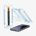 AGL08729 - Galaxy S24 FE GLAS.tR EZ Fit in Clear showing the alignment tray hovering above the 2 glass screen protector and a device, beside is a packaging