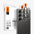 AGL07425 - Galaxy S24 Ultra Optik Pro EZ Fit Lens Protector in Black showing the camera lens protector hovering above another lens protector tray and device showing back, behind it, is the packaging