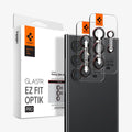 AGL07585 - Galaxy S24 Ultra Optik Pro EZ Fit Lens Protector in L-Series showing the camera lens protector hovering above another lens protector tray and device showing back, behind it, is the packaging