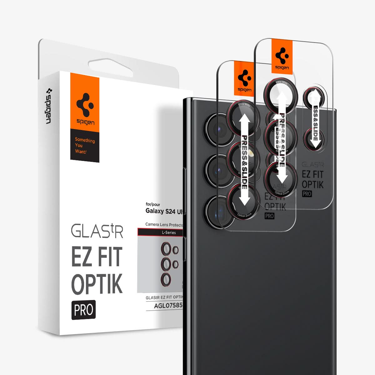 AGL07585 - Galaxy S24 Ultra Optik Pro EZ Fit Lens Protector in L-Series showing the camera lens protector hovering above another lens protector tray and device showing back, behind it, is the packaging