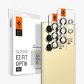 AGL07428 - Galaxy S24 Ultra Optik Pro EZ Fit Lens Protector in Yellow showing the front of camera lens tray hovering in front of another camera lens tray and the device with the packaging