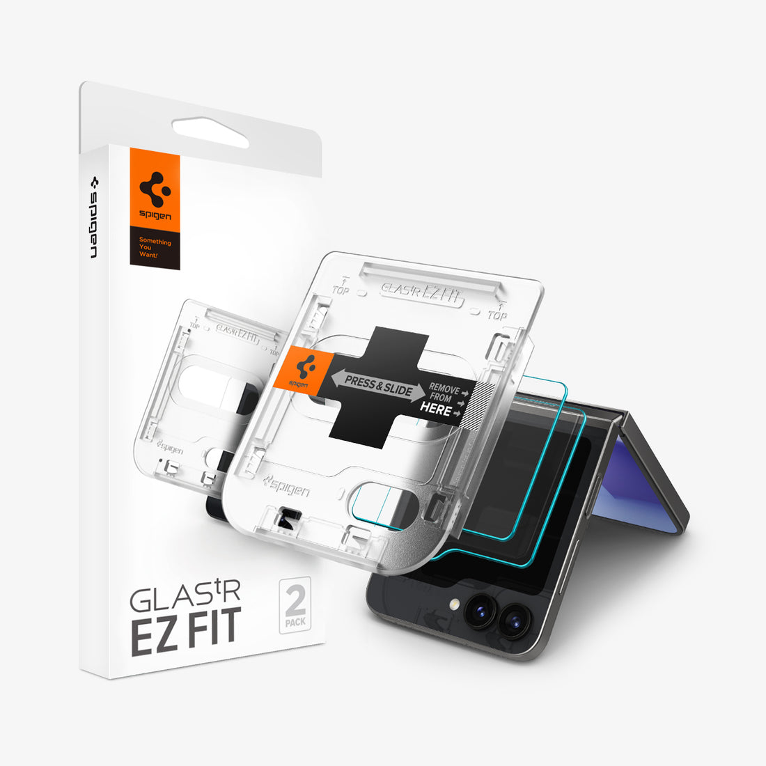 AGL07972 - Galaxy Z Flip 7 FE GLAS.tR EZ Fit showing the front of an alignment tray hovering above the device with the packaging