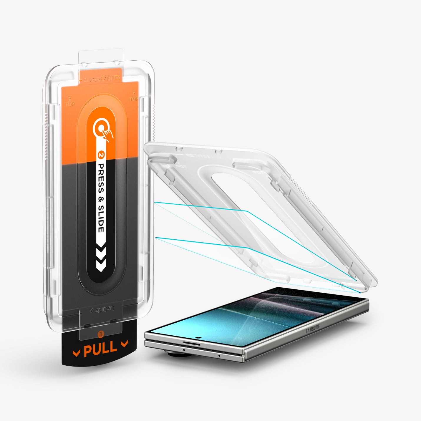 AGL09576 - Galaxy Z Fold 7 Series - GLAS.tR EZ Fit Pro showing the alignment tray, 2 screen protector hovering above the device and beside it is the packaging