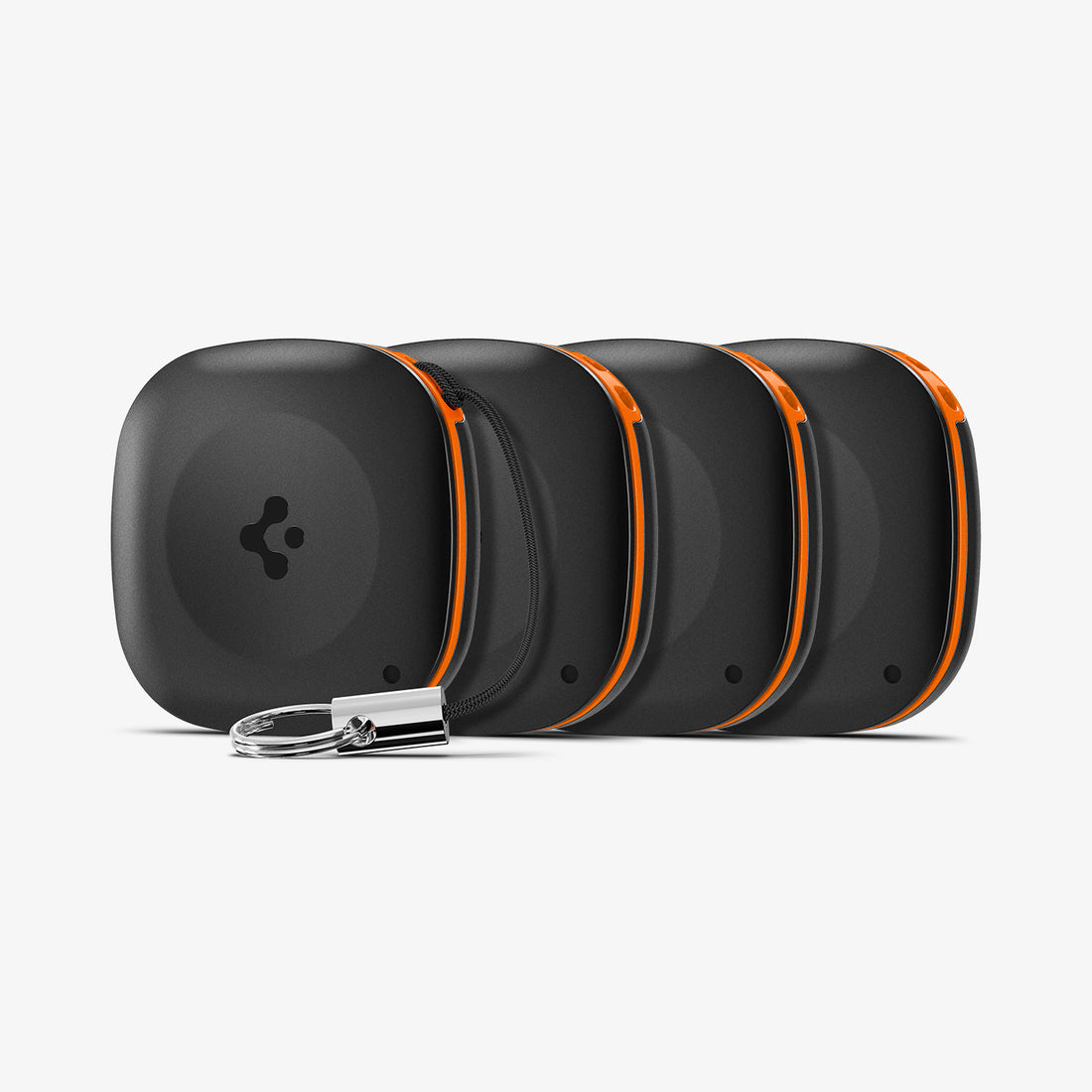 AHP08353 - Spigen TagMe Bluetooth Tracker 4-Pack in Black showing the front with 3 the same tagme tracker lining up showing partial front