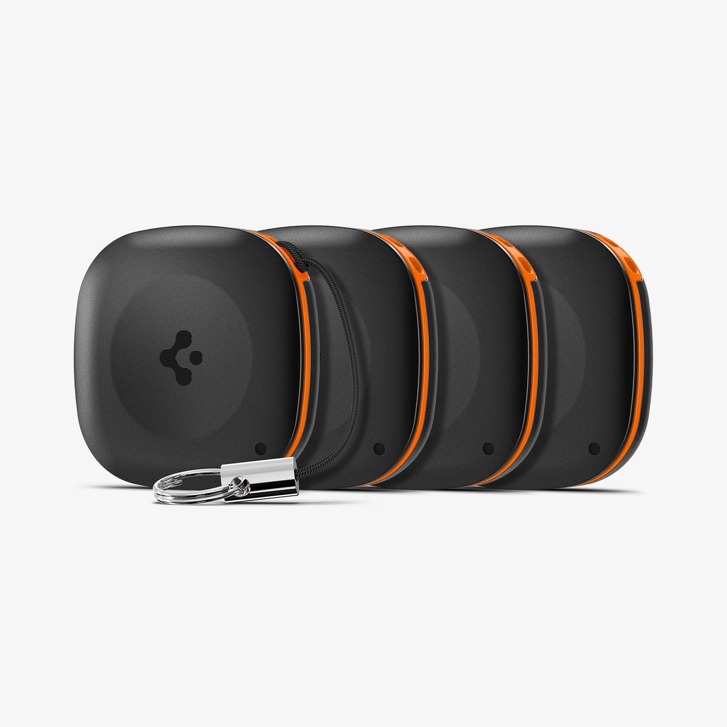 AHP08353 - Spigen TagMe Bluetooth Tracker 4-Pack in Black showing the front with 3 the same tagme tracker lining up showing partial front