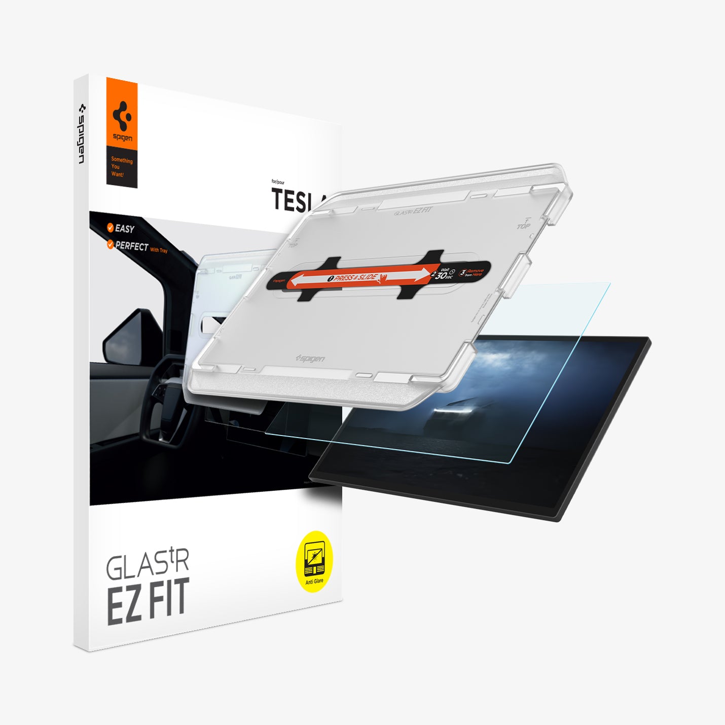 AGL07679 - Tesla Cybertruck (2024) Protector GLAS.tR EZ Fit Anti-Glare in Clear Matte showing the front of alignment tray hovering above the screen protector and the device, beside it is the packaging