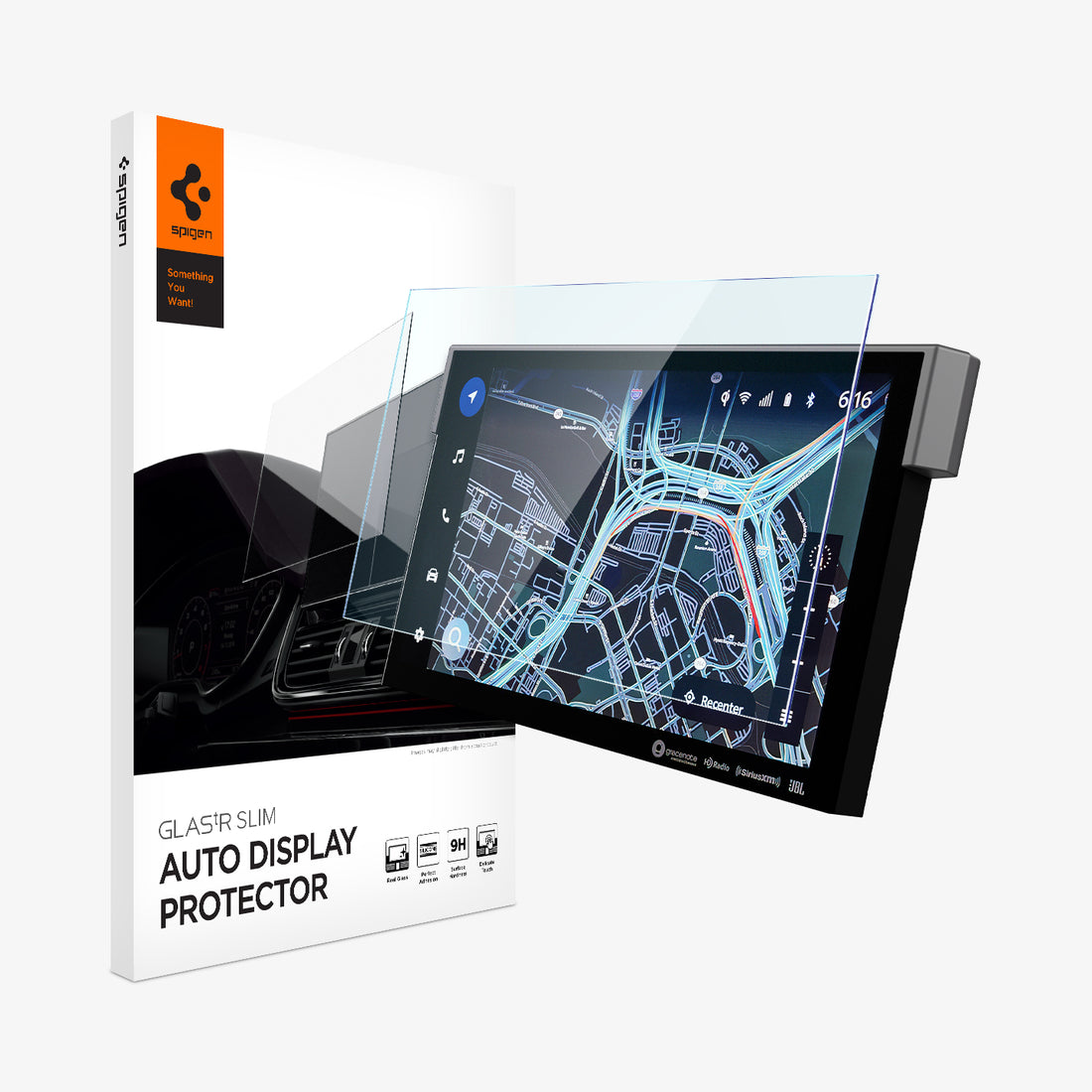 AGL04582 - Toyota Tunda 14 inch Screen Protector GLAS.tR SLIM Anti-Glare in Clear Matte showing the front of screen protector hovering in front of a device beside it is the packaging