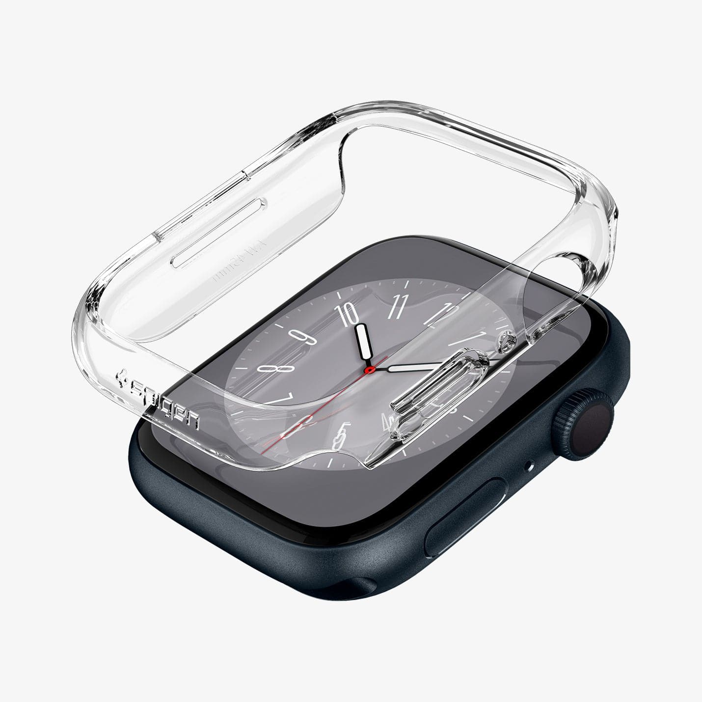 ACS04179 - Apple Watch Series (45mm) Case Thin Fit in crystal clear showing the case hovering above the watch face