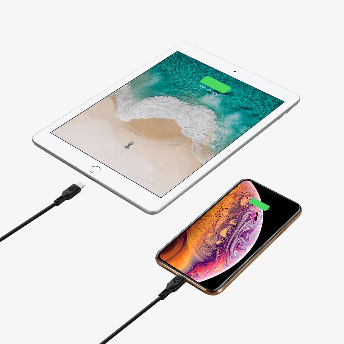 000CA27021 - DuraSync USB-C to Lightning Cable in black showing the two chargers charging a phone and tablet