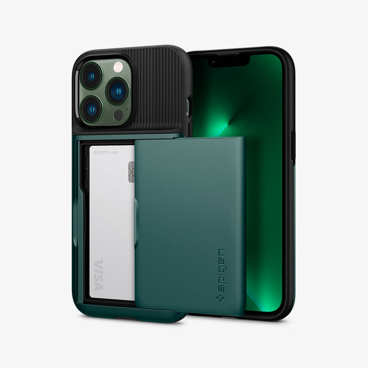 ACS04561 - iPhone 13 Pro Case Slim Armor CS in midnight green showing the back and front with card in slot