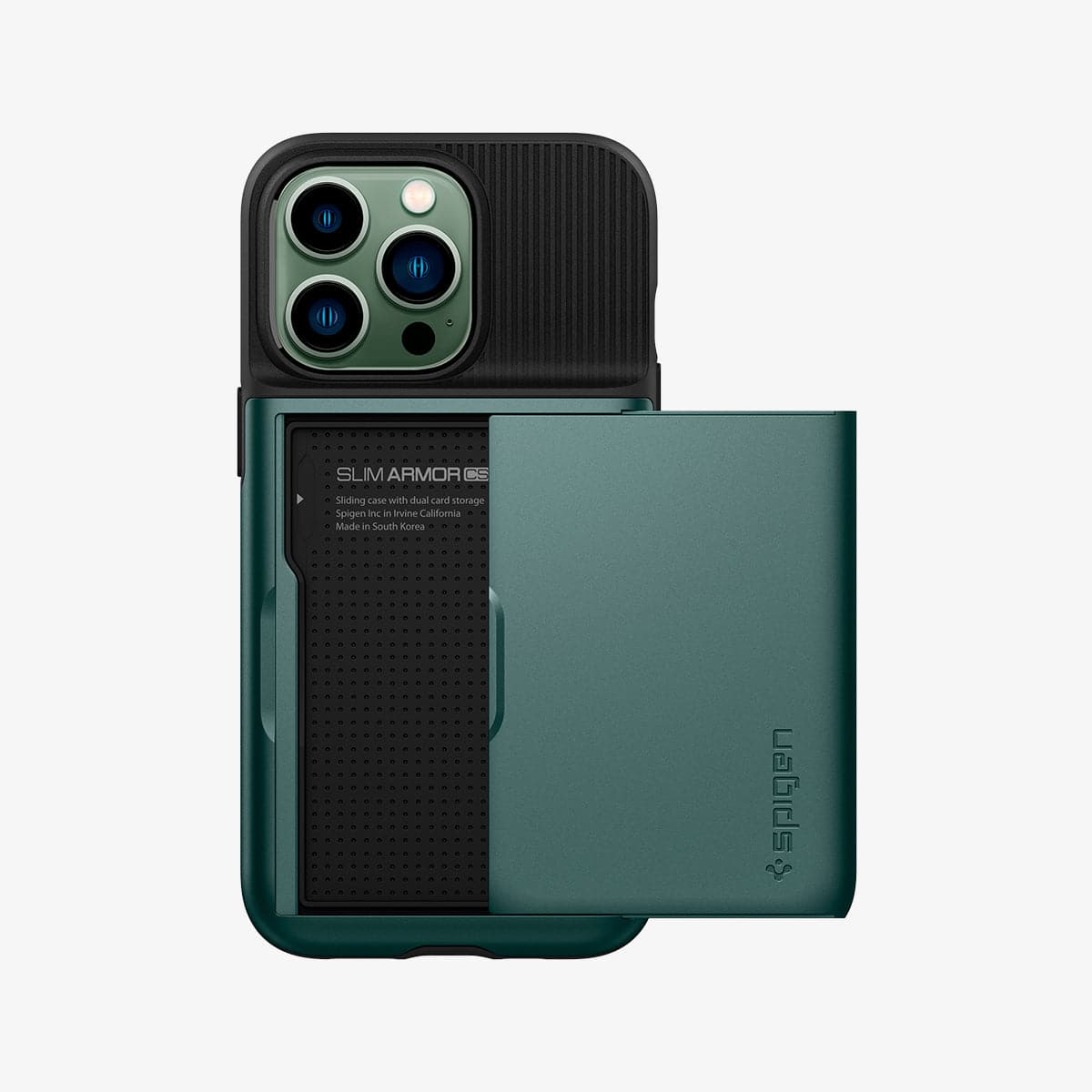 ACS04561 - iPhone 13 Pro Case Slim Armor CS in midnight green showing the back with card slot open