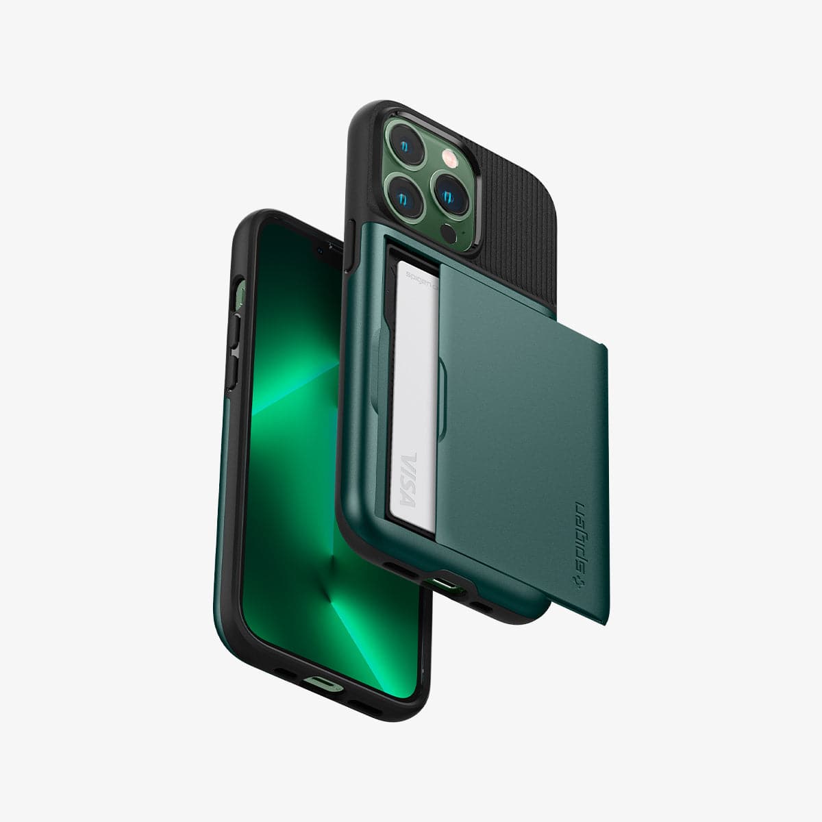 ACS04561 - iPhone 13 Pro Case Slim Armor CS in midnight green showing the back, front and sides with card in slot