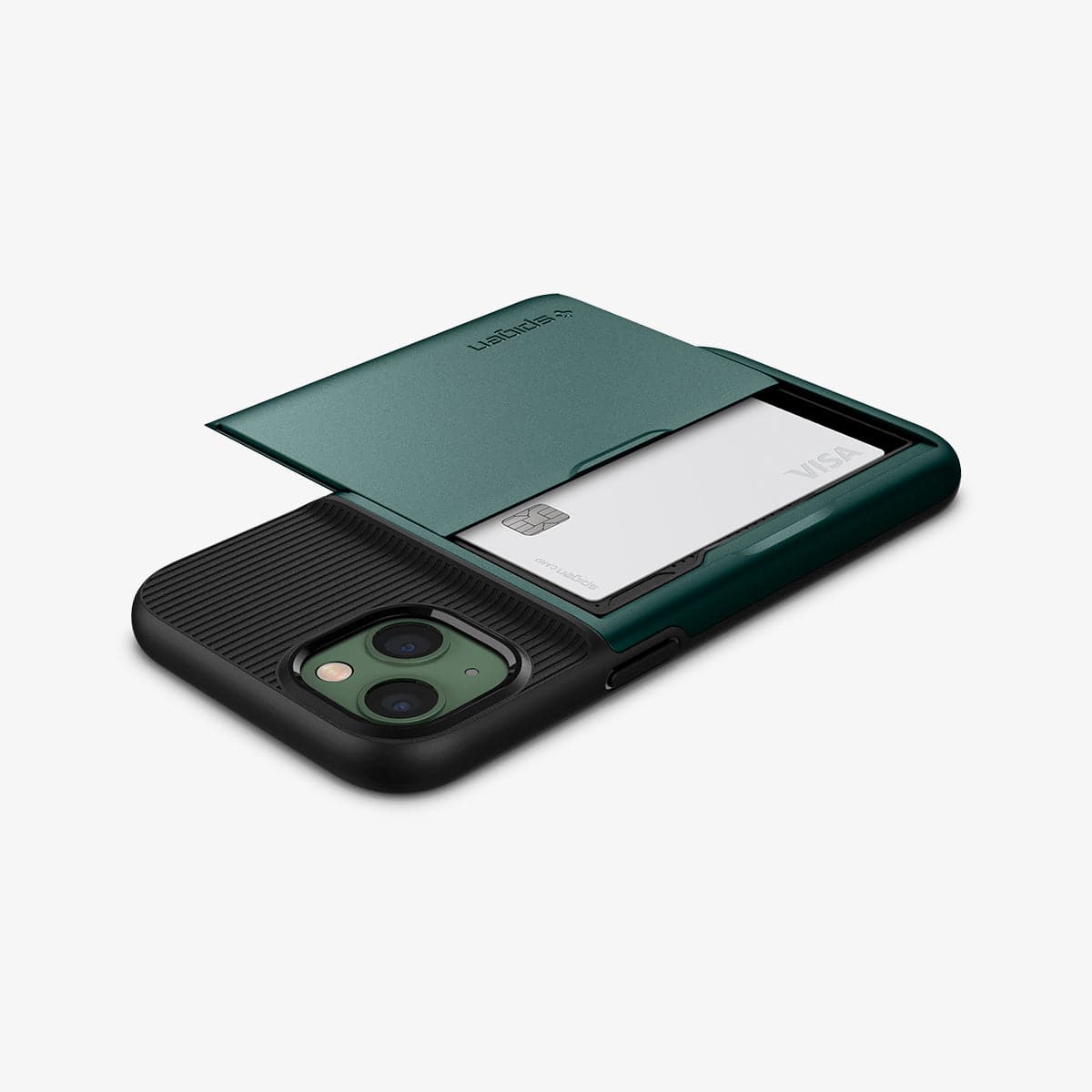 ACS04563 - iPhone 13 Case Slim Armor CS in midnight green showing the back, side and top with card in slot