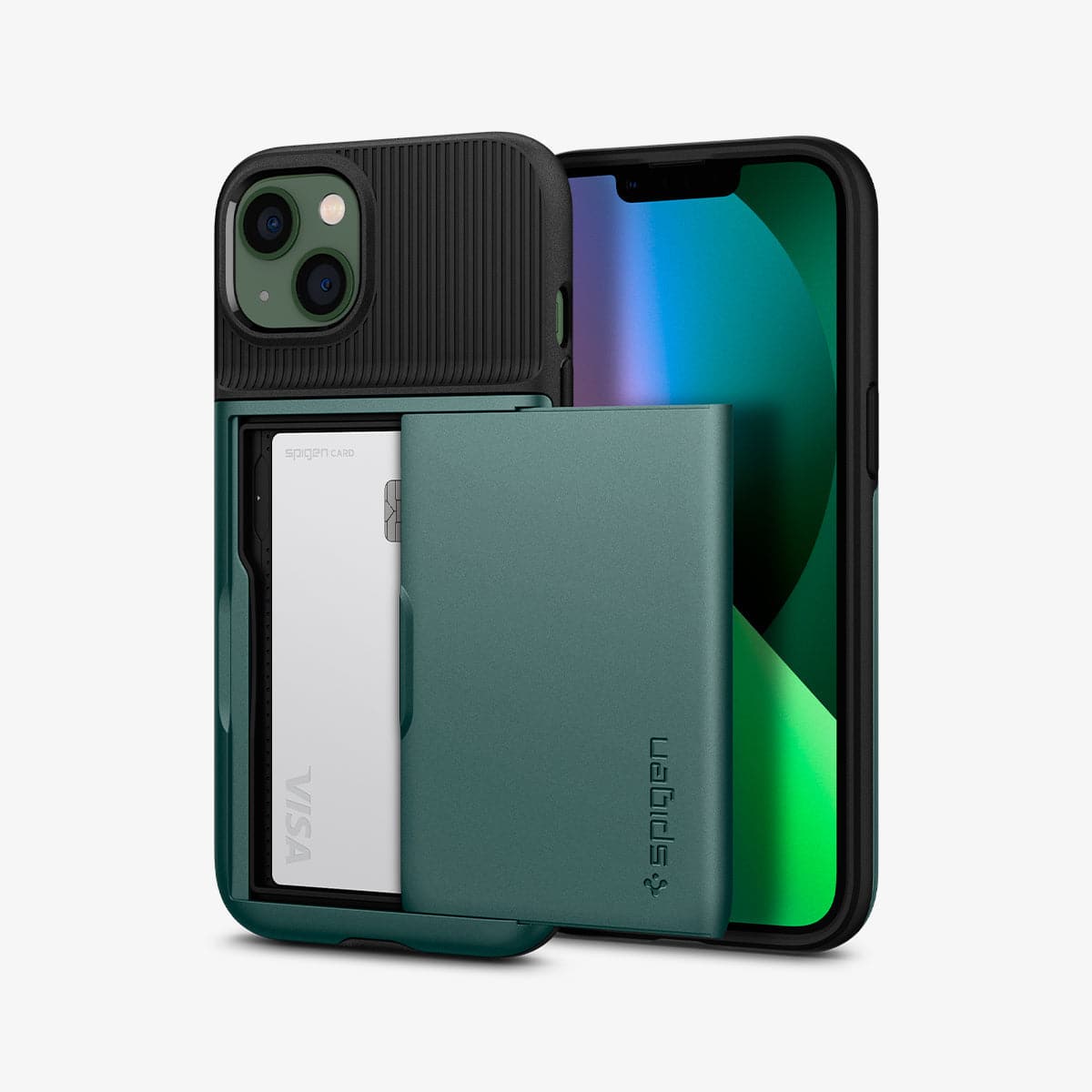 ACS04563 - iPhone 13 Case Slim Armor CS in midnight green showing the back and front with card in slot