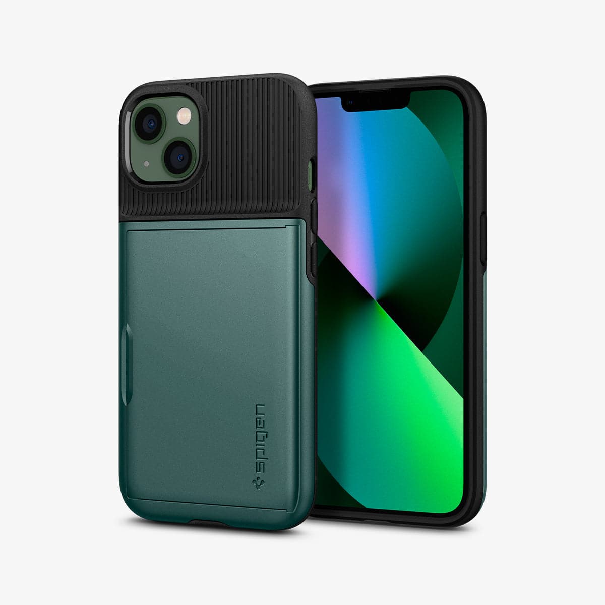 ACS04563 - iPhone 13 Case Slim Armor CS in midnight green showing the back and front
